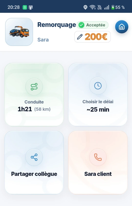 Fiche mission Kilom : Remorquage Sara, acceptée, 200€