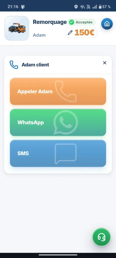 Contacter le client : Appeler, WhatsApp ou SMS