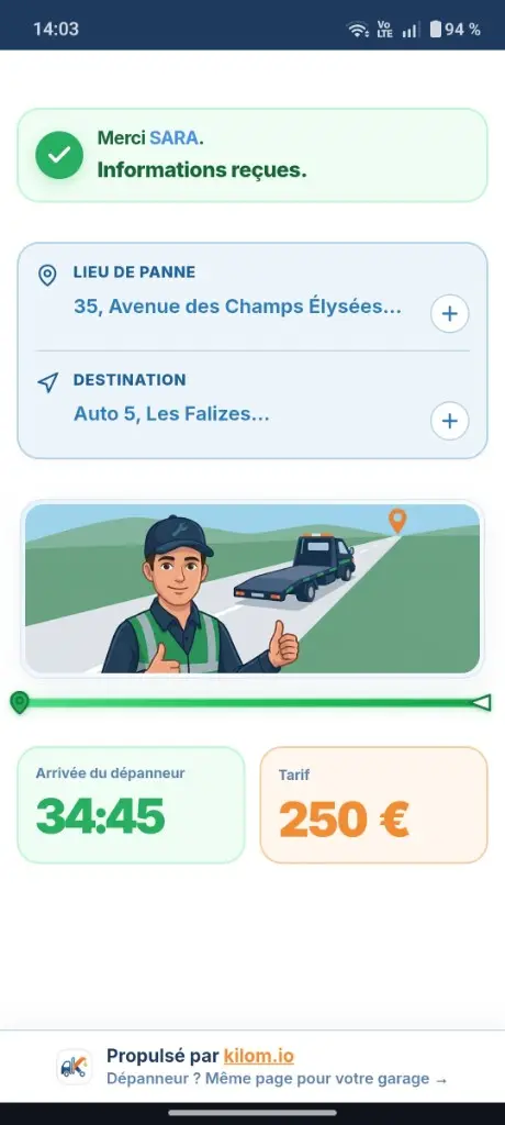 Écran client avec délai d’arrivée et tarif