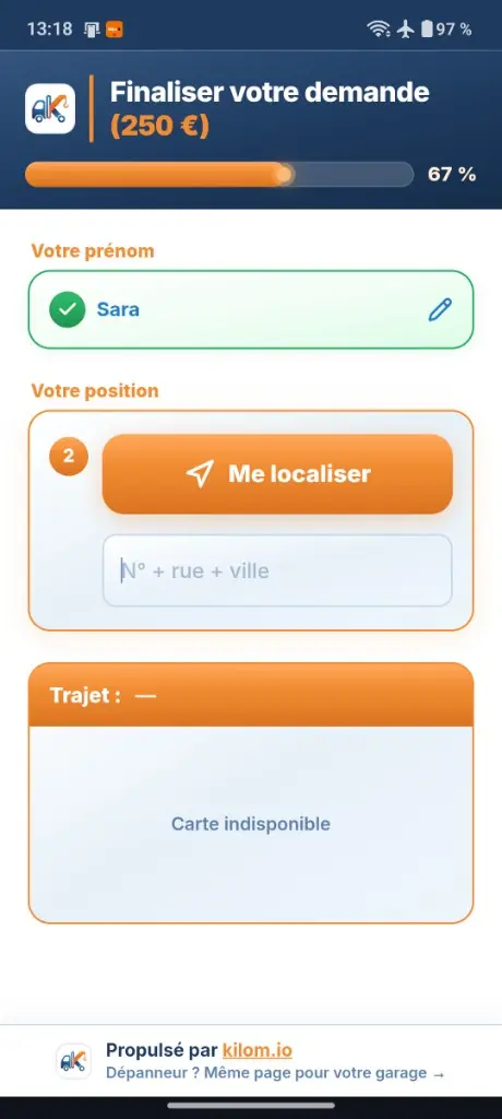 Le client envoie sa position avec Me localiser