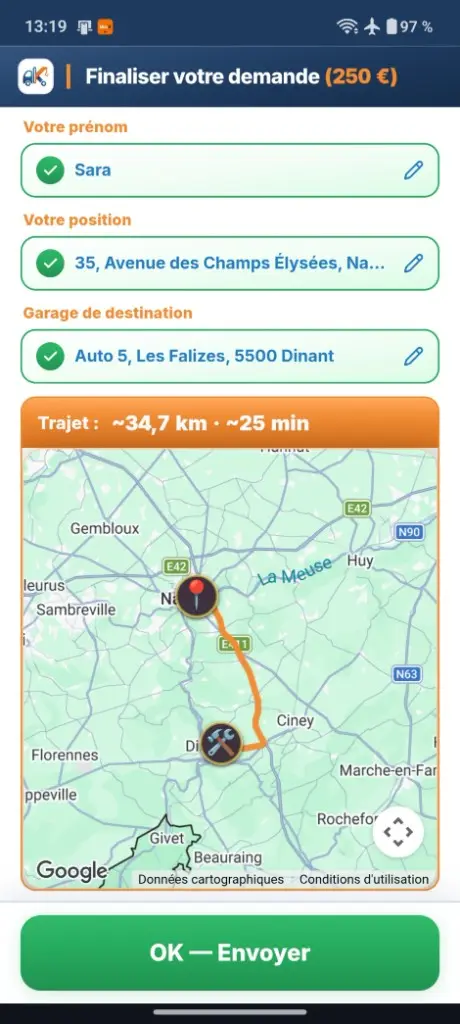 Trajet affiché entre le lieu de panne et le garage